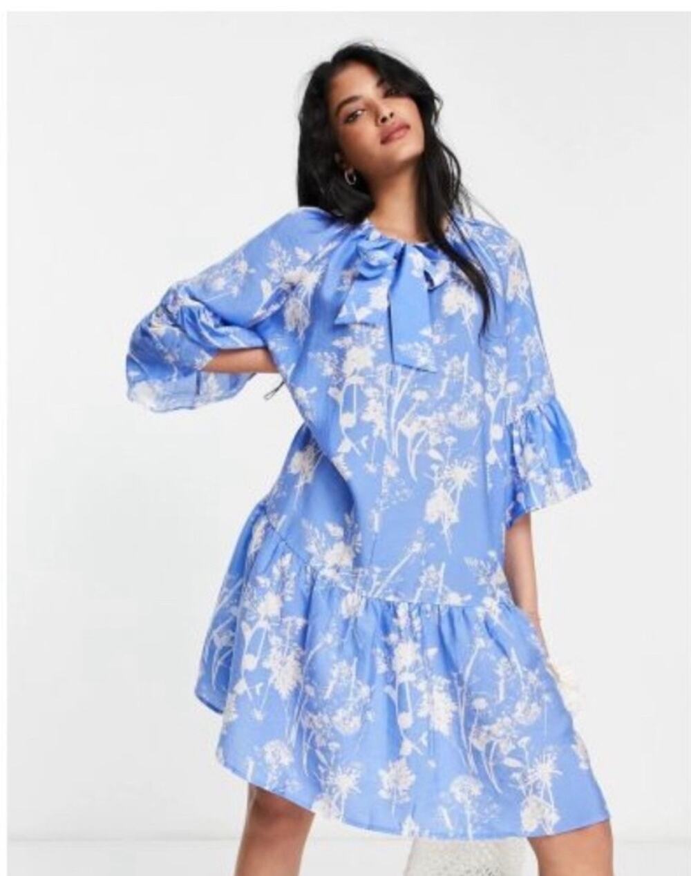 & Other Stories Blue Ruffle Floral Mini Dress Women's Size Small